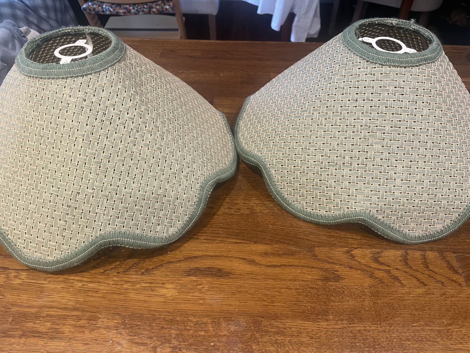 Retro Lamp Shades X 2 Wicker Coolie Hat Shape Green Trim Scalloped Edge photo Lighting