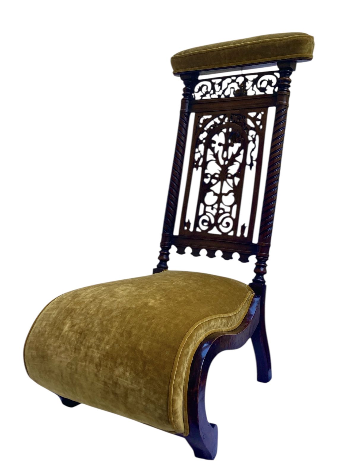 Victorian Mahogany  Prie Dieu Chair, Circa 1870, With Yellow  Velvet Upholstery And Gold Tassel Fully Restored