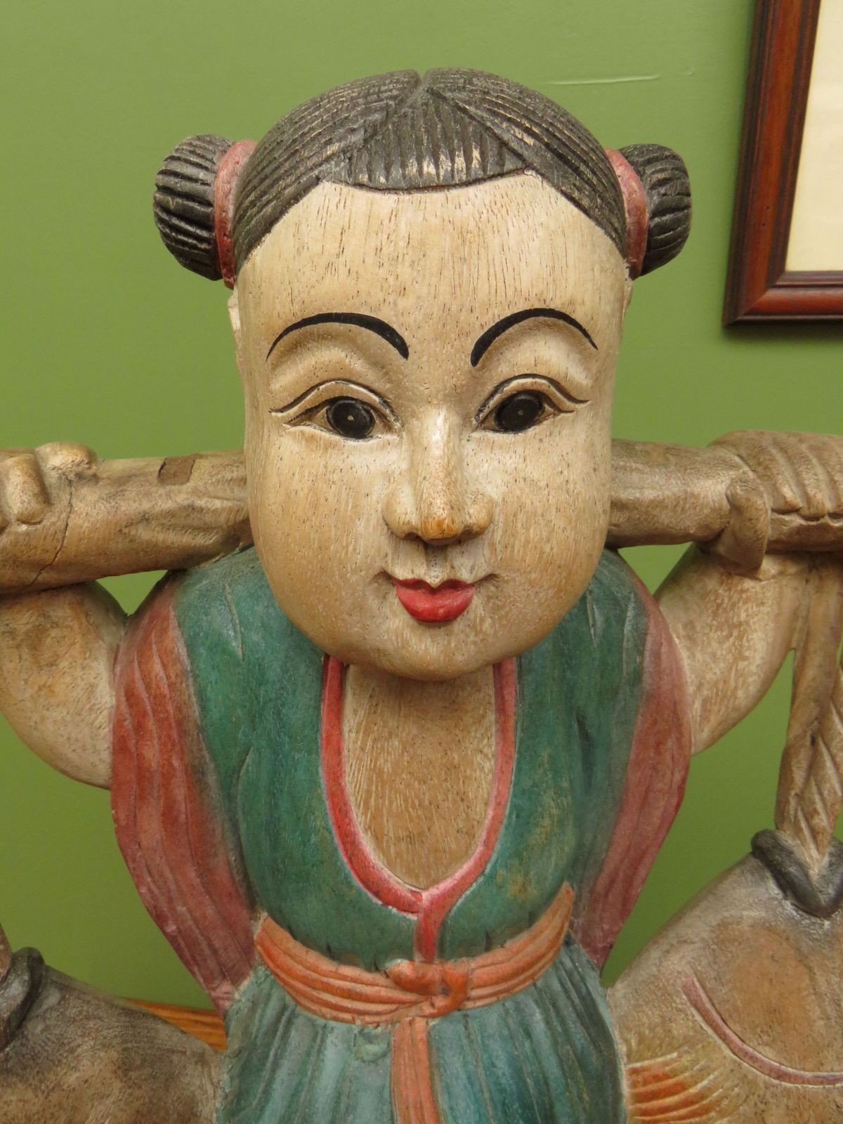 Vintage Asian Wooden Figure Carrying Fish photo for sale