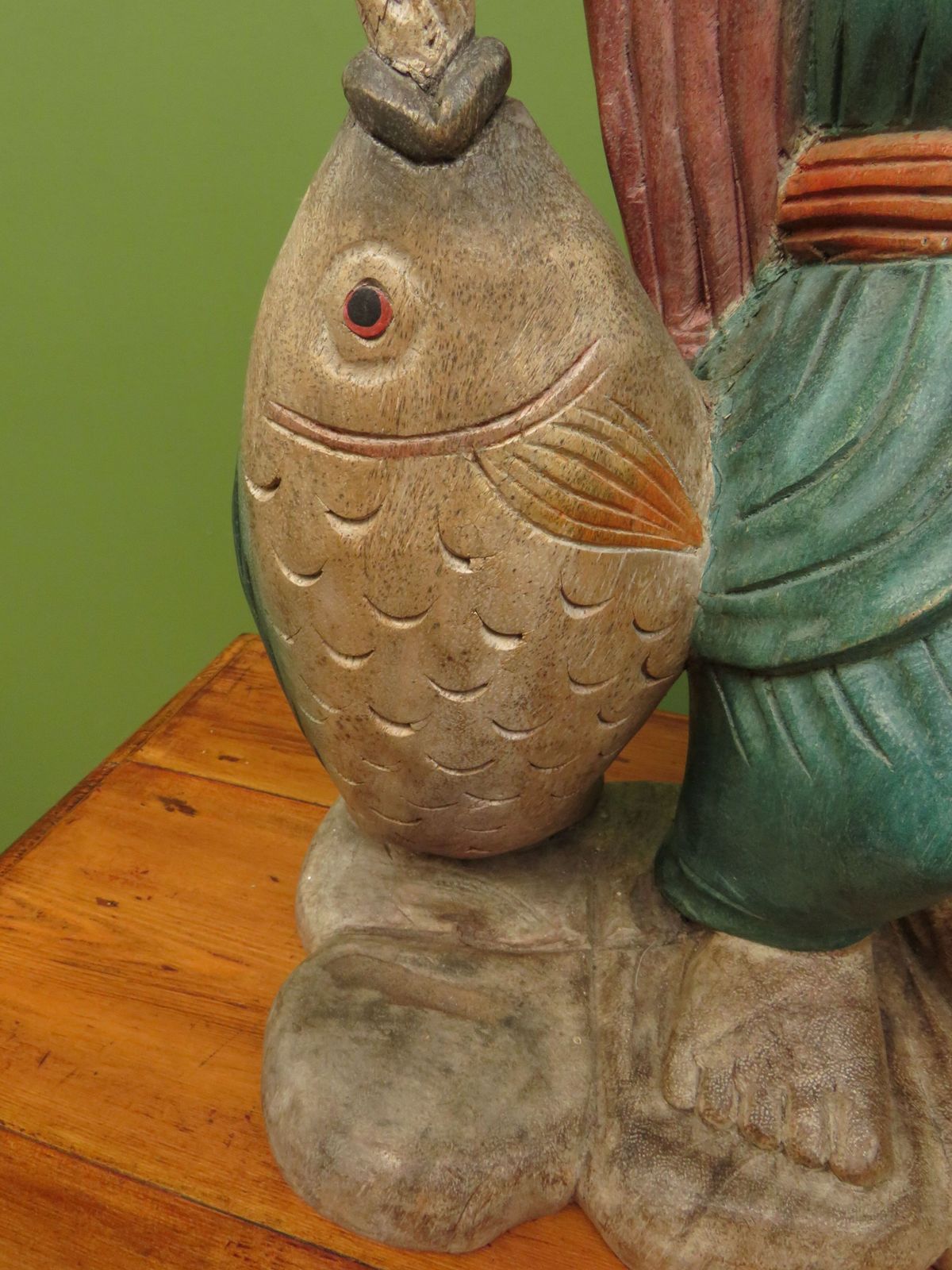 Vintage Asian Wooden Figure Carrying Fish photo 135.0