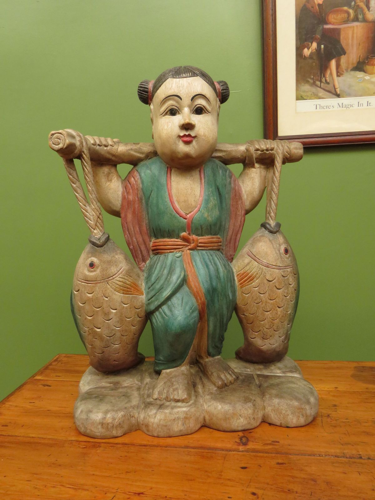 photo for sale Vintage Asian Wooden Figure Carrying Fish