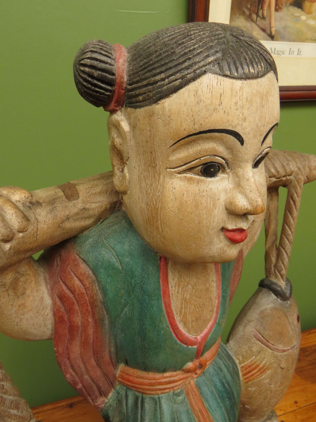 135.0 Vintage Asian Wooden Figure Carrying Fish photo