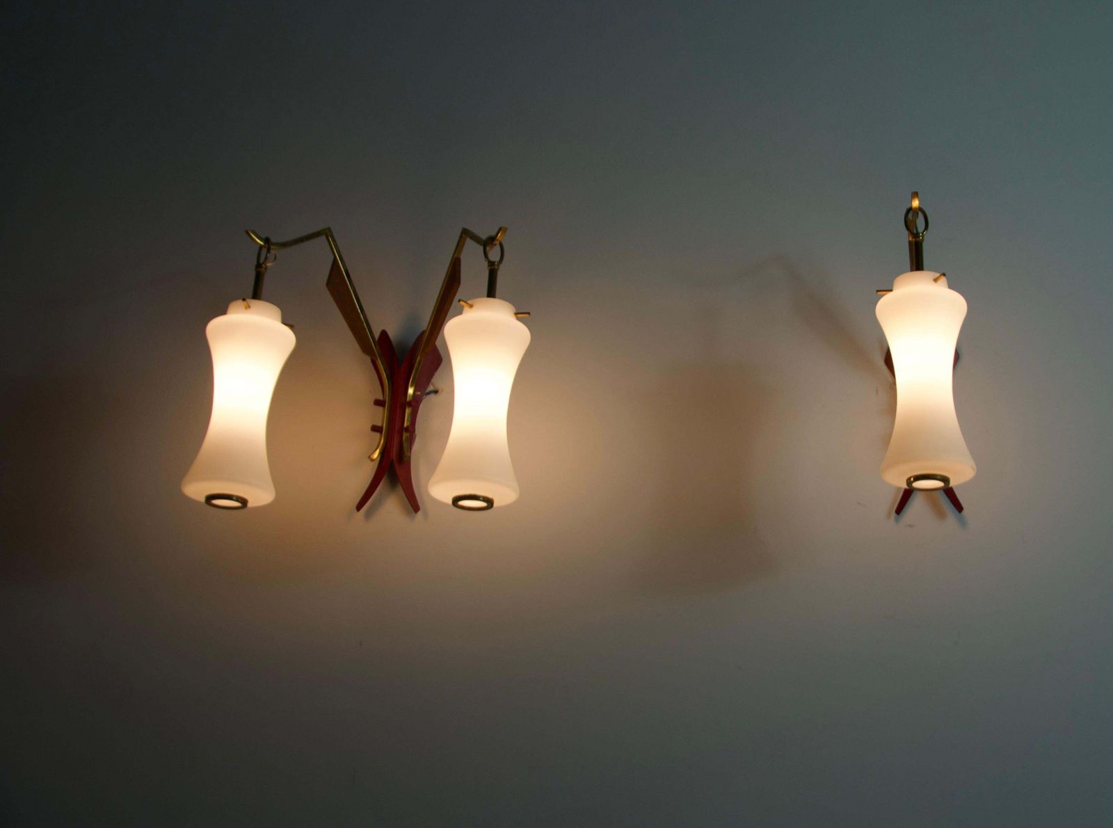 Pair Of Brass And Opaline Wall Lamps By Stilnovo, Italy, 1960s photo for sale