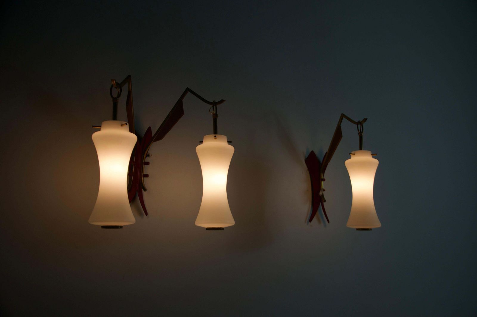 Pair Of Brass And Opaline Wall Lamps By Stilnovo, Italy, 1960s photo Lighting