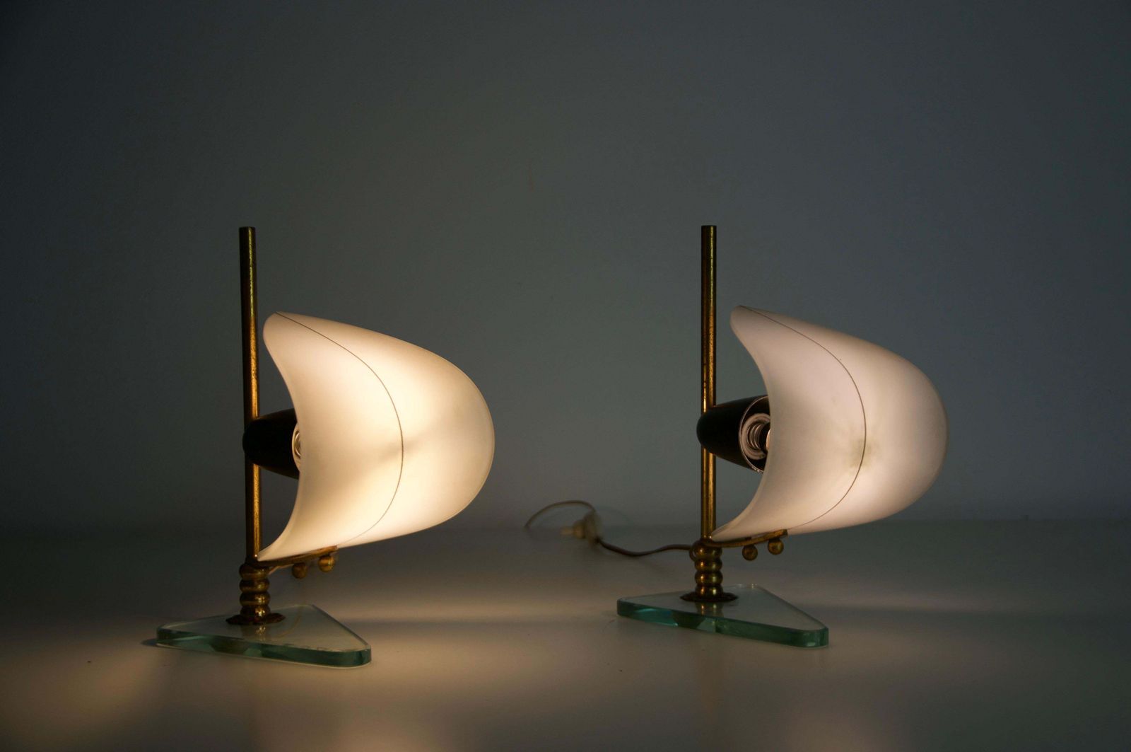 Pair Of Brass And Opaline "Sailboat" Table Lamps, Italy, 1950s photo furniture