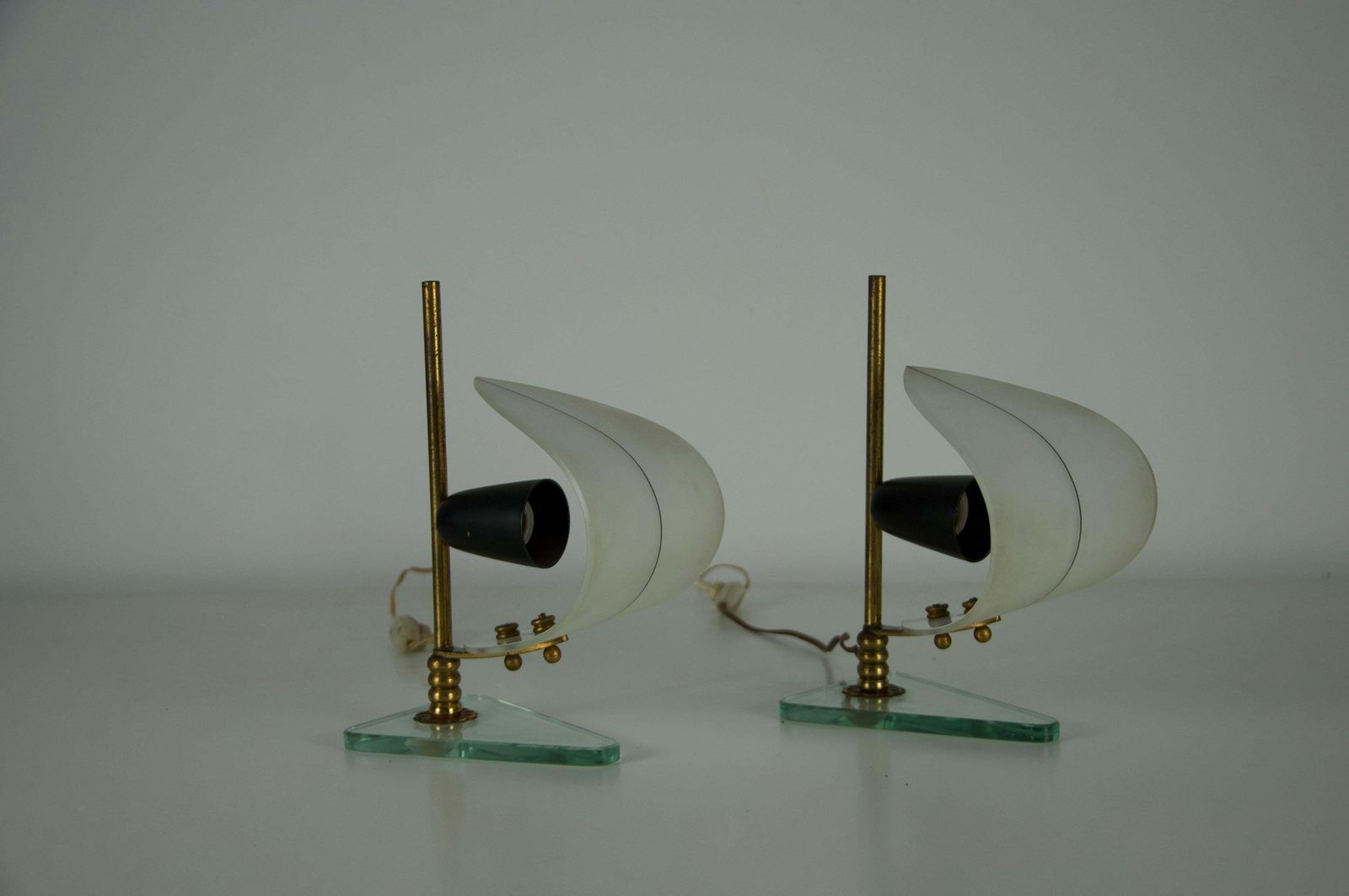 Pair Of Brass And Opaline "Sailboat" Table Lamps, Italy, 1950s photo vinterior