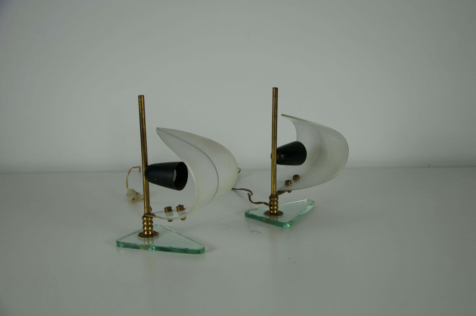 photo for sale Pair Of Brass And Opaline "Sailboat" Table Lamps, Italy, 1950s