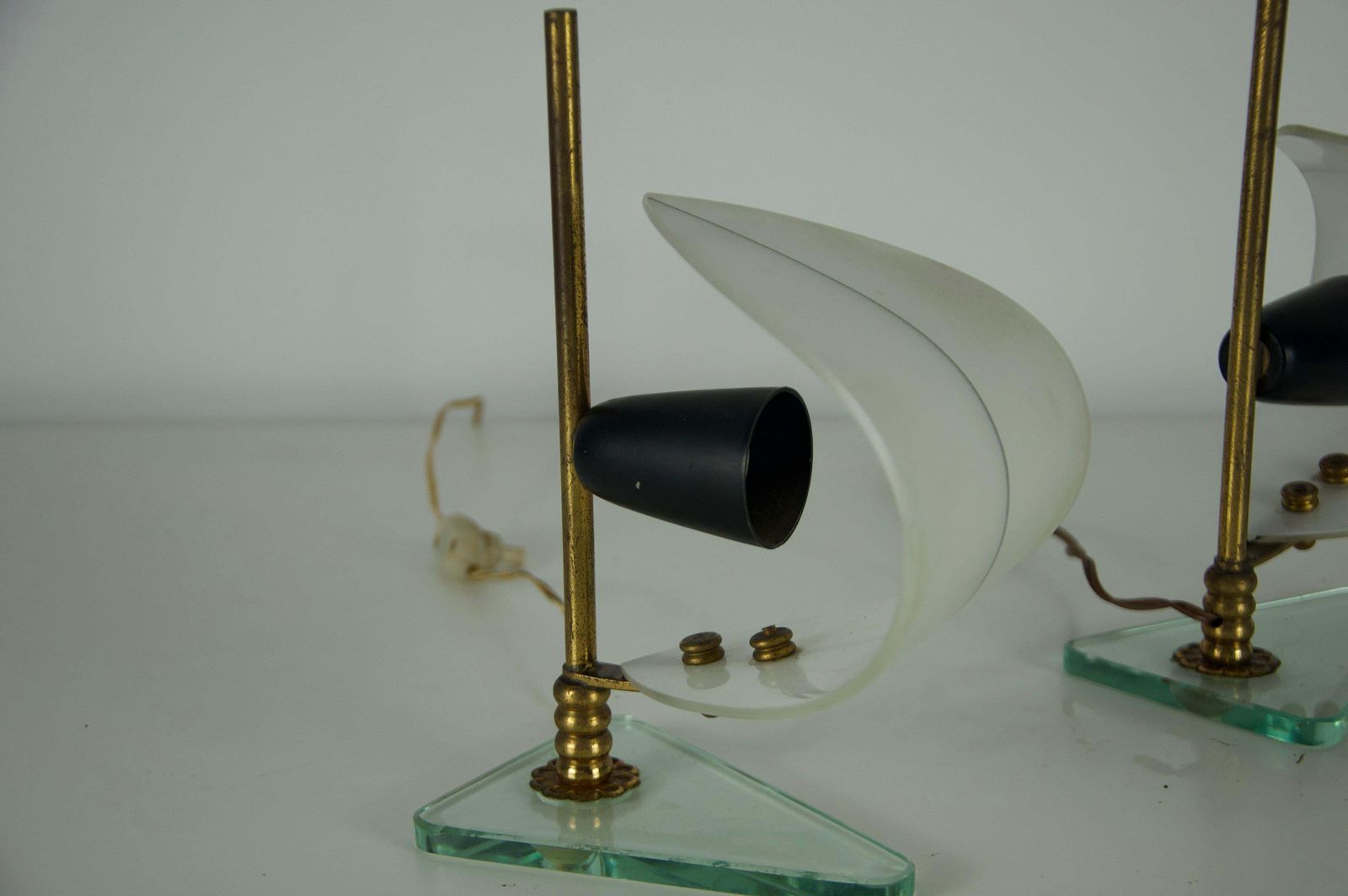 Lighting Pair Of Brass And Opaline "Sailboat" Table Lamps, Italy, 1950s photo
