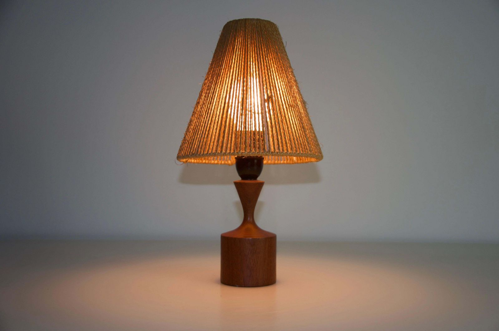 Midcentury Teak And Sisal Table Lamp By Temde, Circa 1970 photo vintage