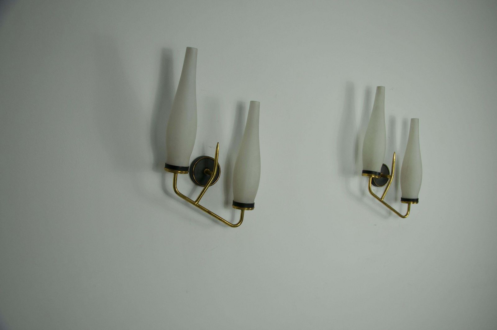 Pair Of Brass And Opaline Wall Lamps, Italy, 1960s photo vintage