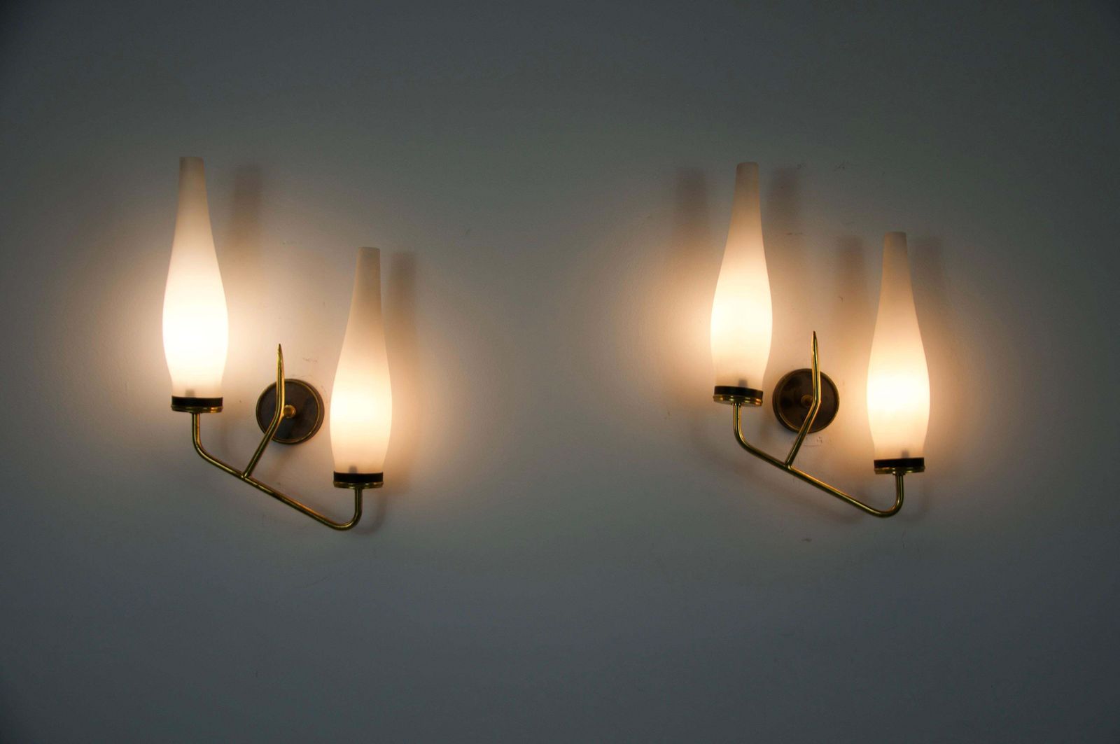 Lighting Pair Of Brass And Opaline Wall Lamps, Italy, 1960s photo