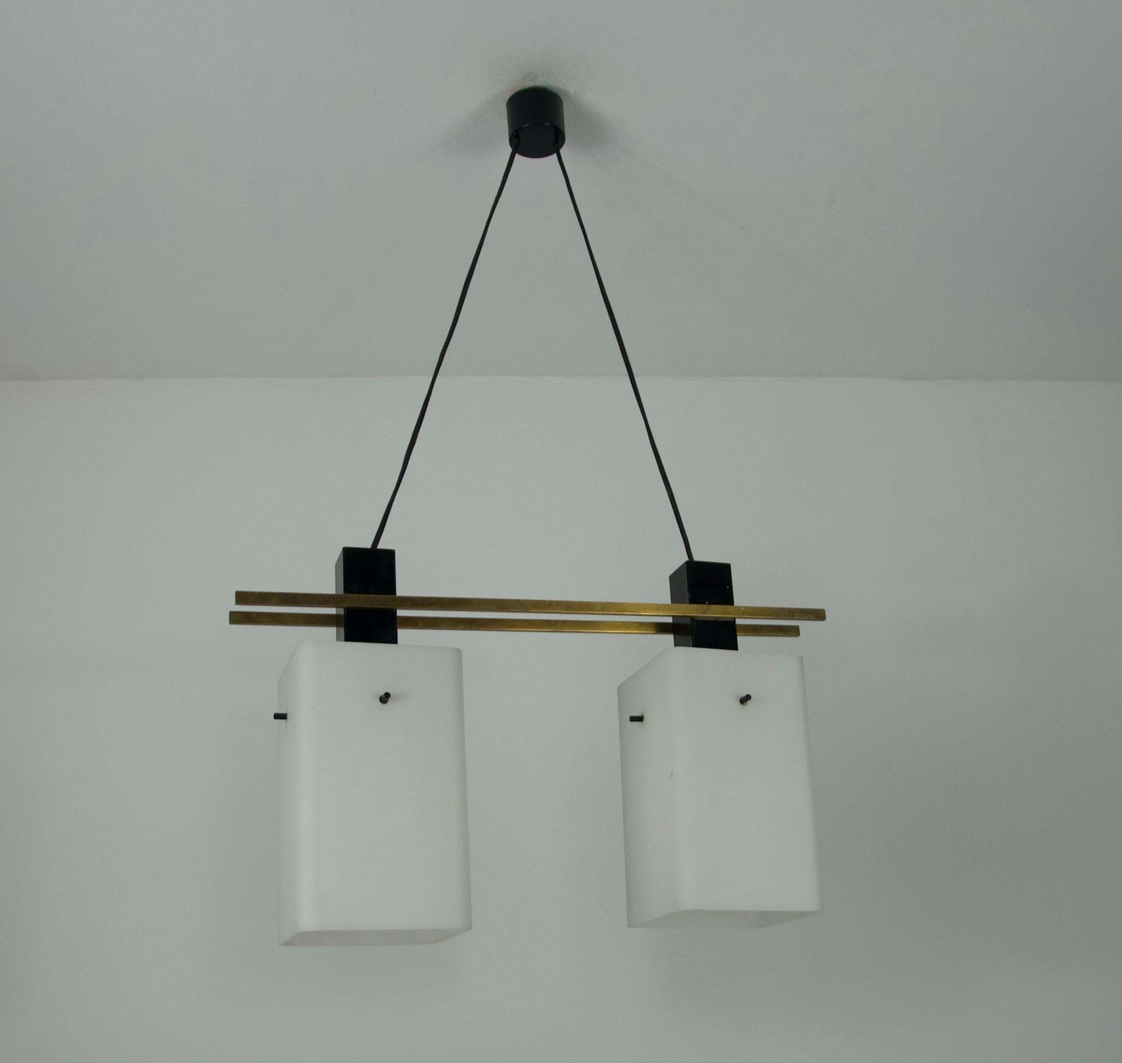 Mid Century Brass And Opal Glass Ceiling Lamp By Stilnovo, Italy, 1960s photo for sale