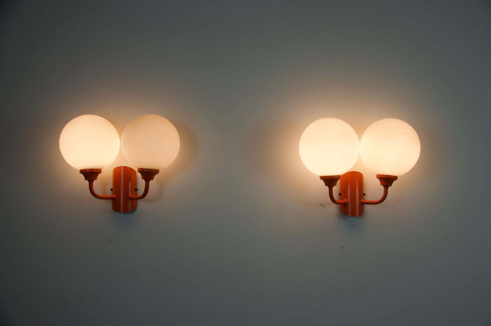 Pair Of Orange Metal And Opaline Glass Wall Lamps, Germany, 1960s photo furniture