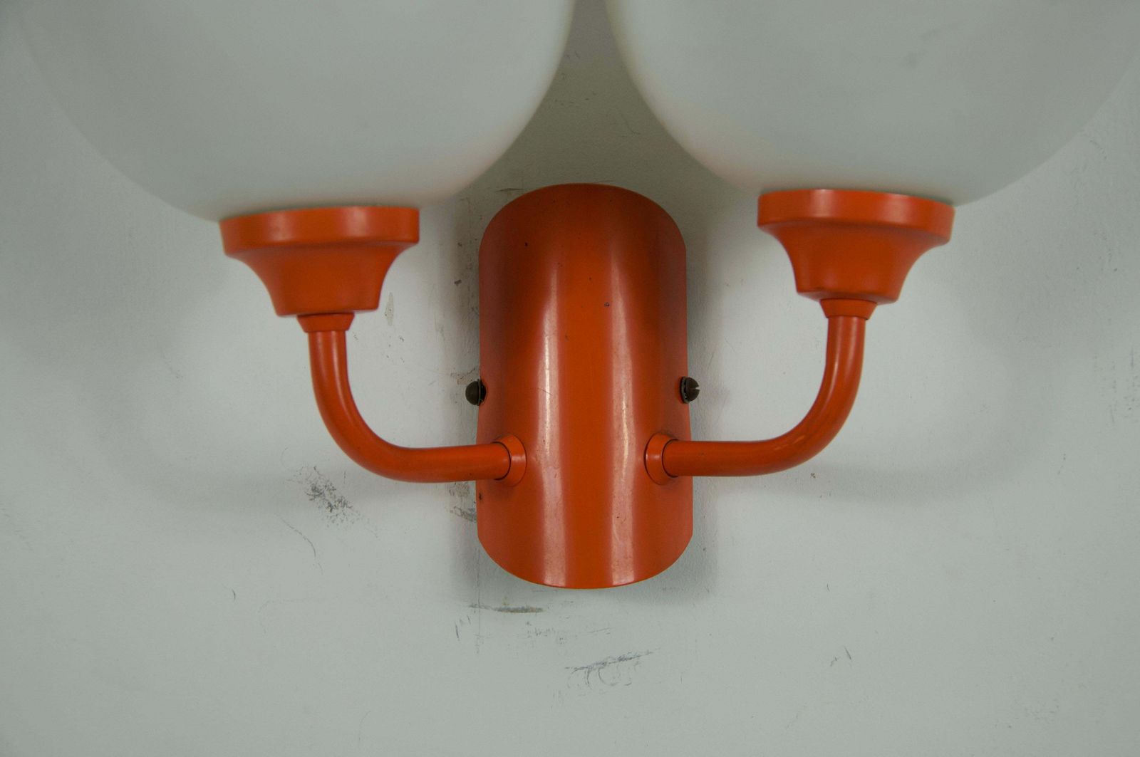 Pair Of Orange Metal And Opaline Glass Wall Lamps, Germany, 1960s photo vintage