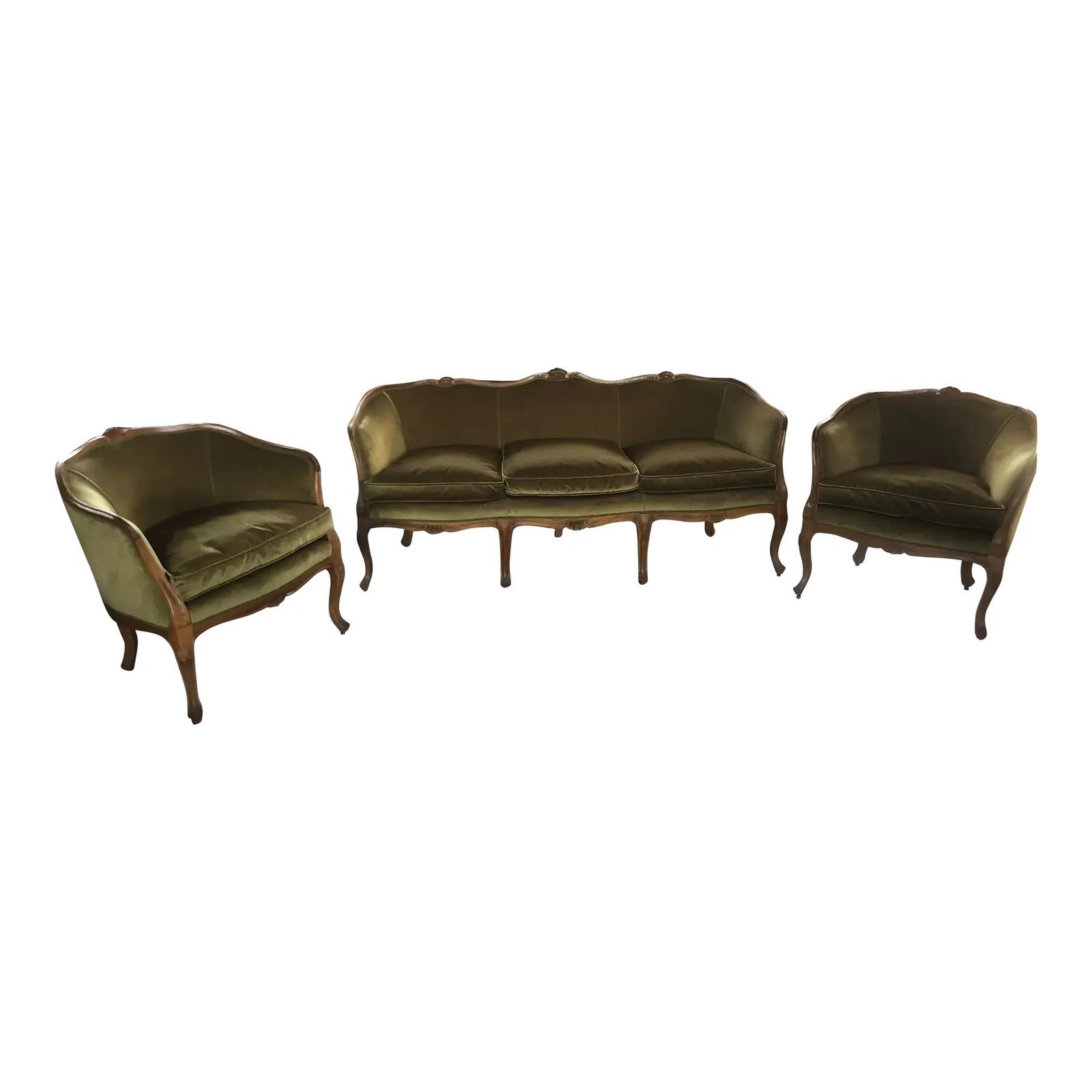 Mid 20th Century Italian Style Armchairs And Sofa In Walnut Wood Carved   3 Pieces