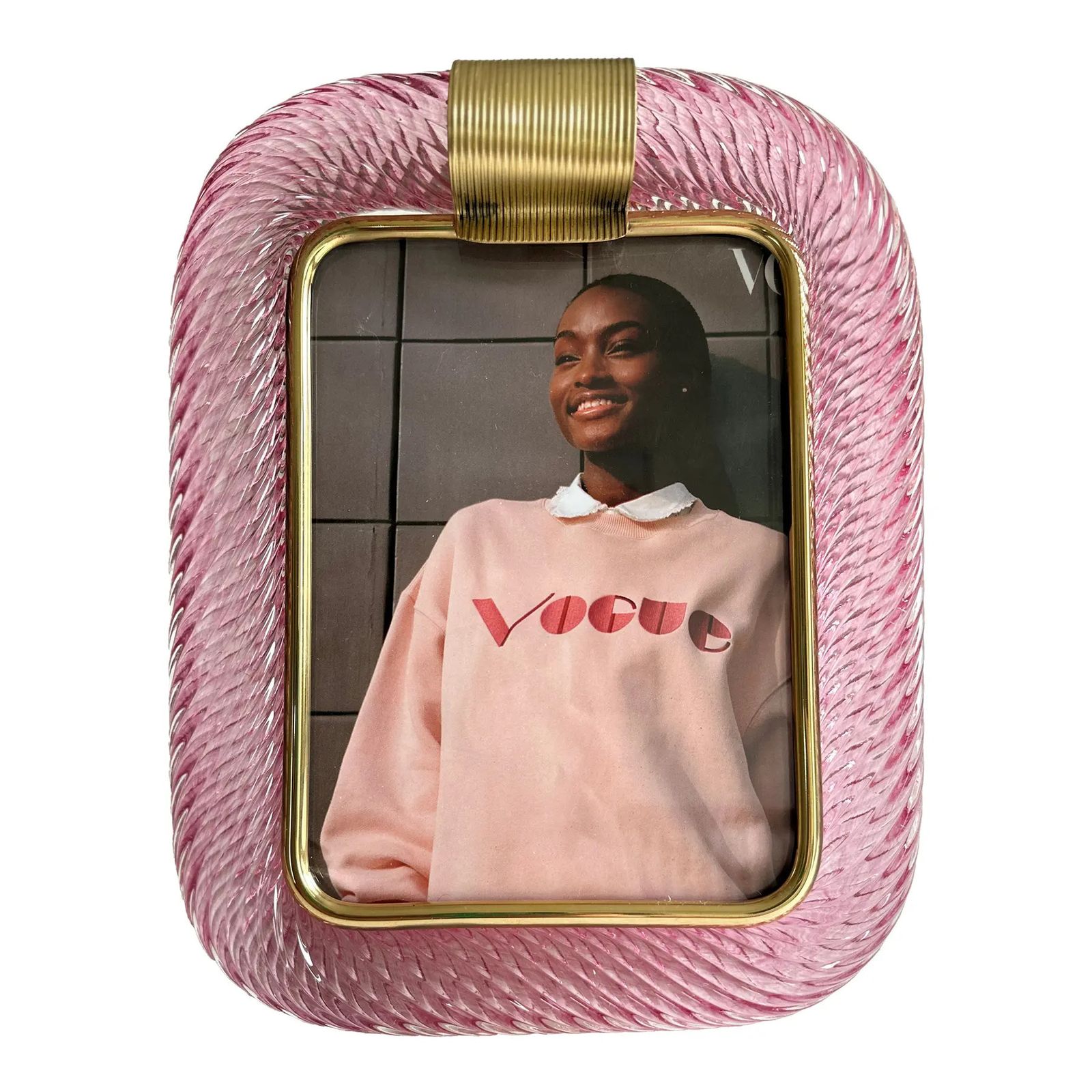 Mid Century Modern Style Pink "Torchon" Murano Glass Small Picture Frame And Brass In Barovier Style