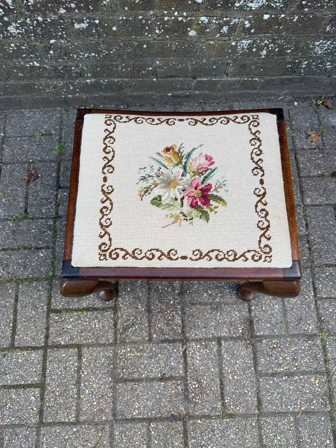Antique Style Needlepoint Footstool With Cabriole Legs  Vintage 1930s–1950s Wooden Stool With Hand Worked Floral Tapestry Seat photo for sale
