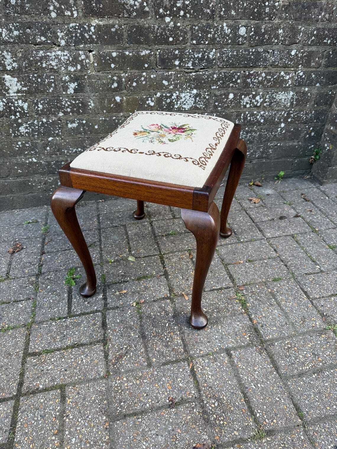 Antique Style Needlepoint Footstool With Cabriole Legs  Vintage 1930s–1950s Wooden Stool With Hand Worked Floral Tapestry Seat photo buy
