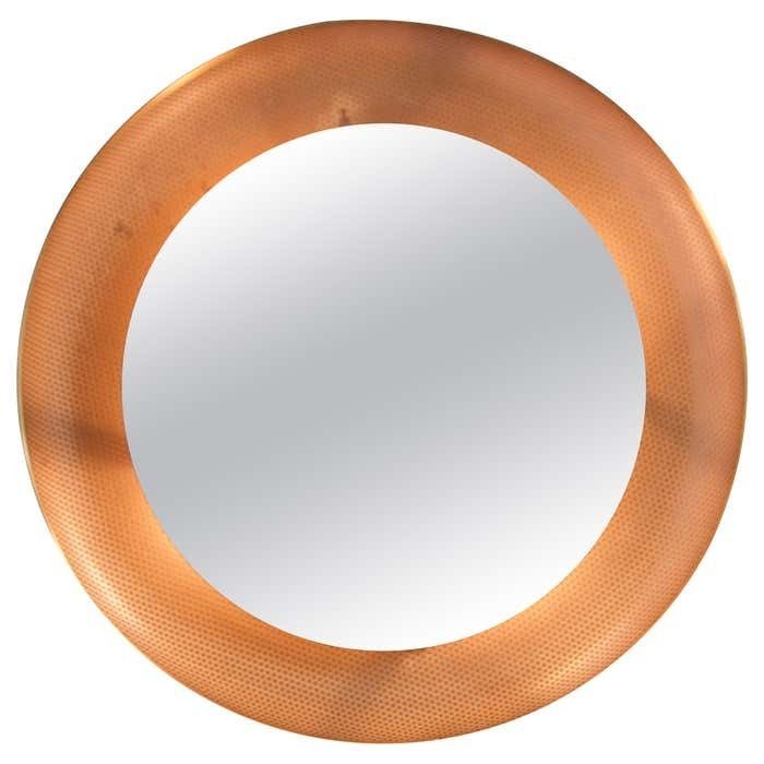 Midcentury Modern Italian Round Illuminated Brass Wall Mirror Italy 1960s