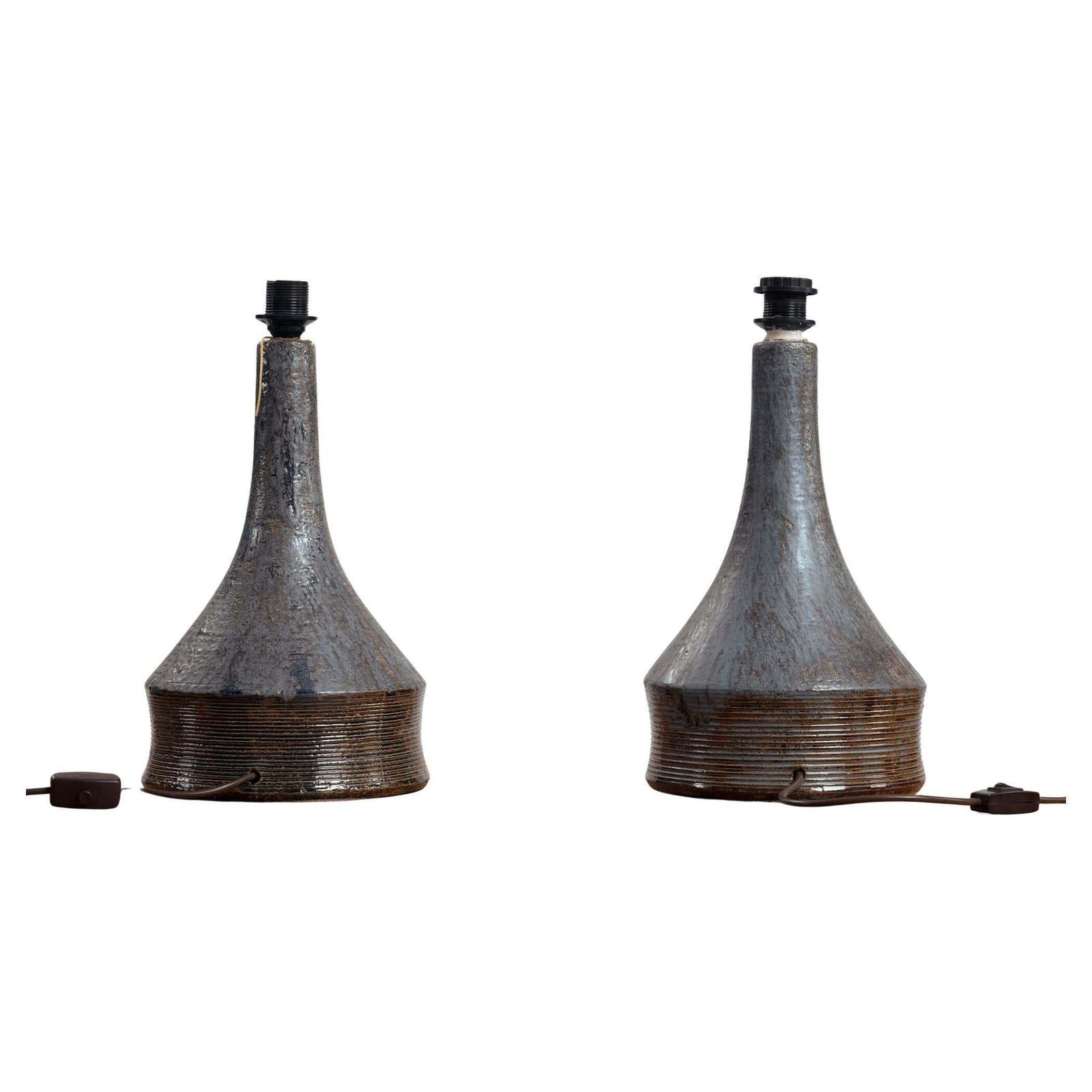 Studio Pottery Table Lamps In Gray Bleu And Brown (Aft) Bo Borgstrom, Sweden 70s