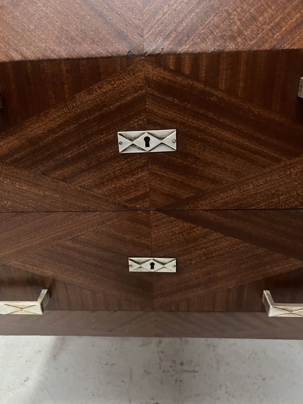 photo for sale Art Deco Chest Of Drawers With Cut Sides In Mahogany Veneer, 20th Century