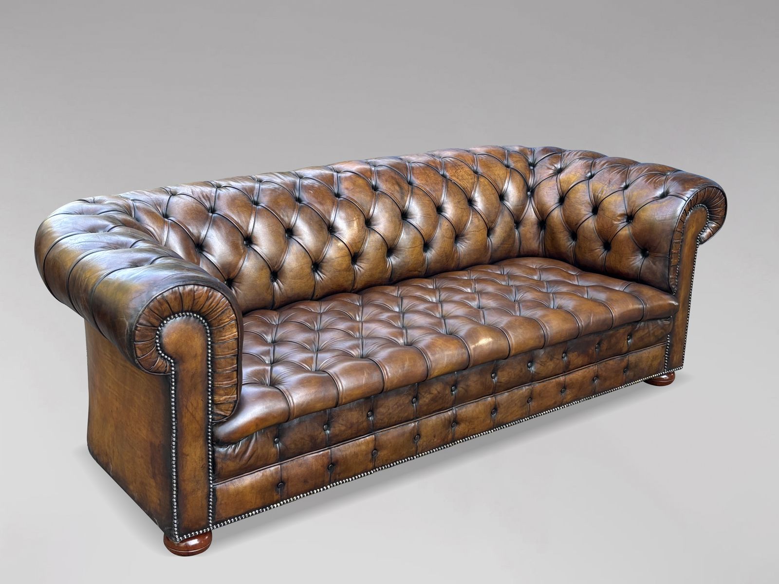 19th Century Victorian Golden Brown Leather 3 Seater Chesterfield Sofa