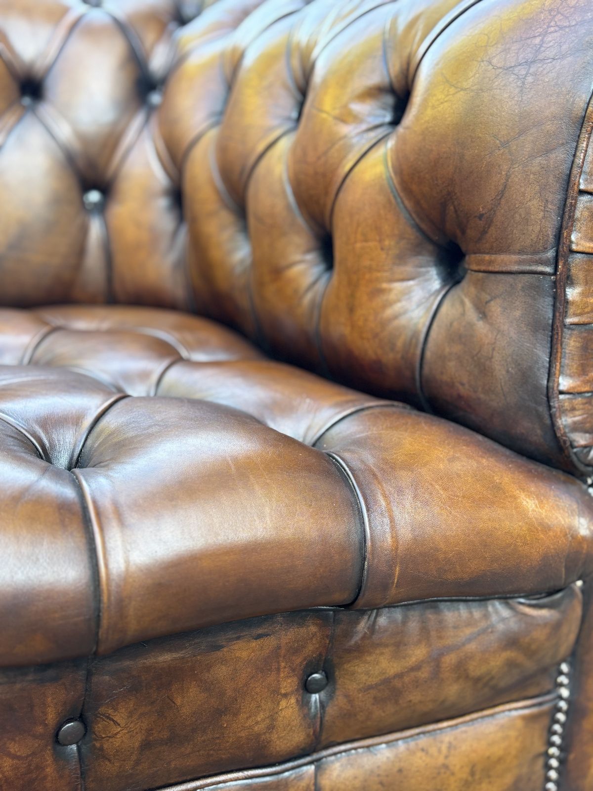 19th Century Victorian Golden Brown Leather 3 Seater Chesterfield Sofa photo furniture