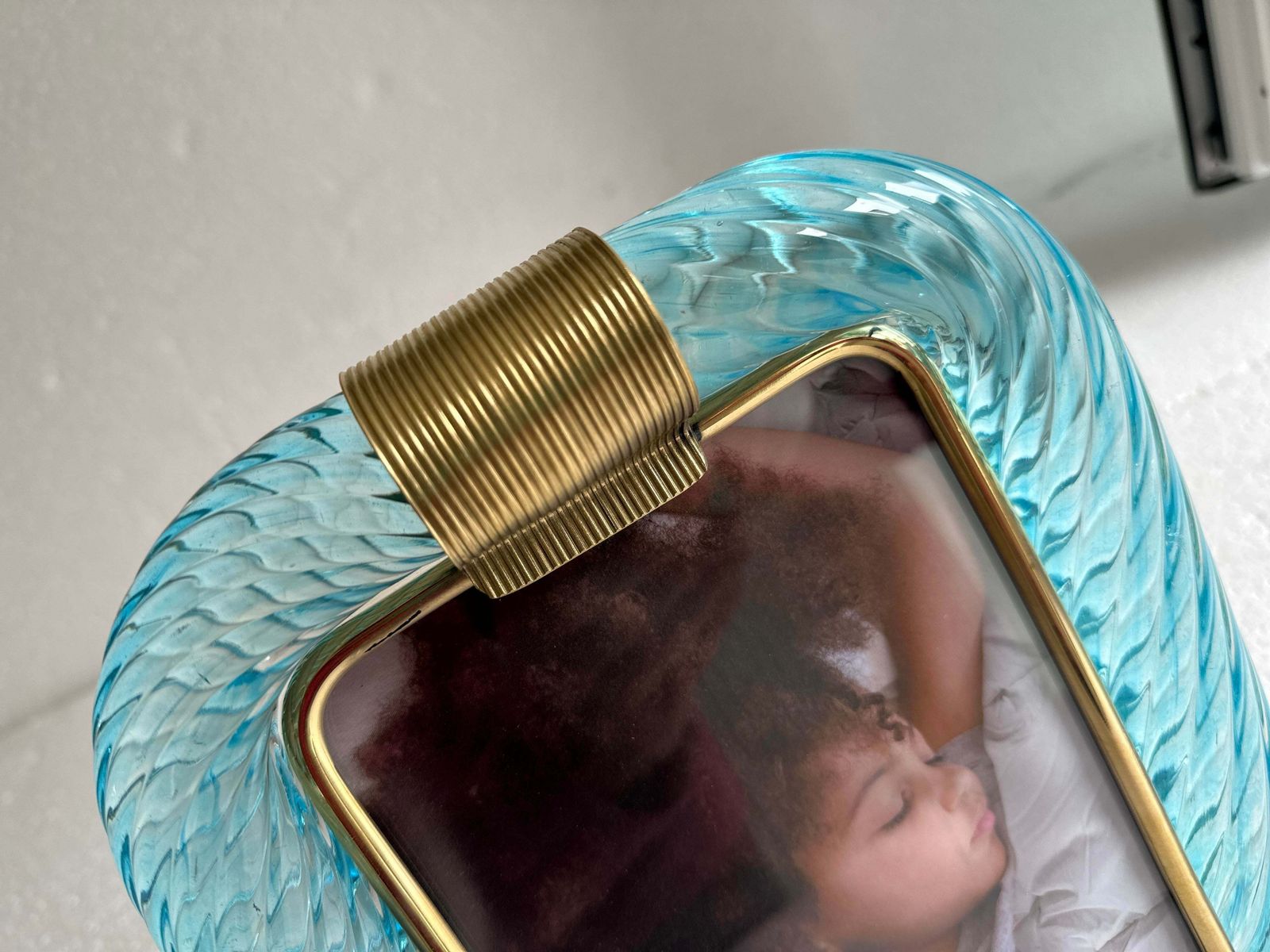 Mid Century Modern Style Light Blue "Torchon" Murano Glass Small Picture Frame And Brass In Barovier Style photo vintage