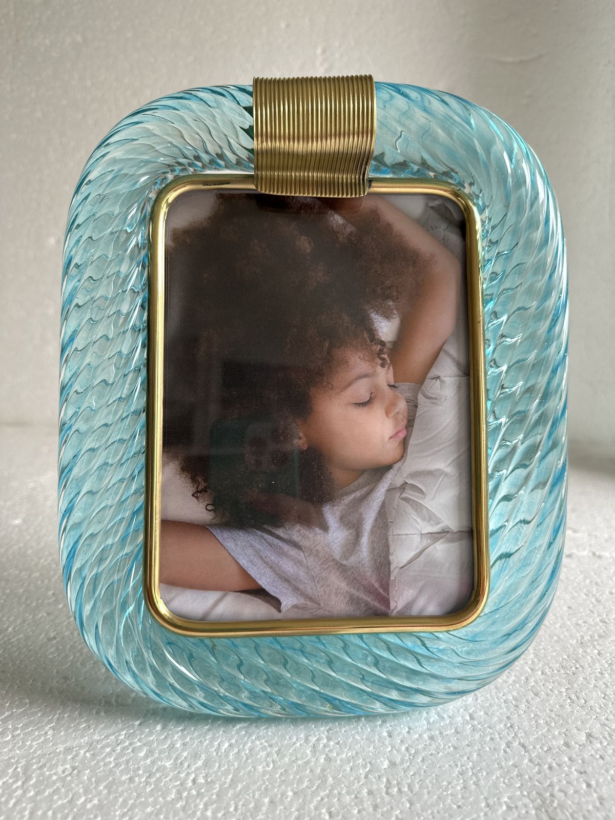 1108.0 Mid Century Modern Style Light Blue "Torchon" Murano Glass Small Picture Frame And Brass In Barovier Style photo