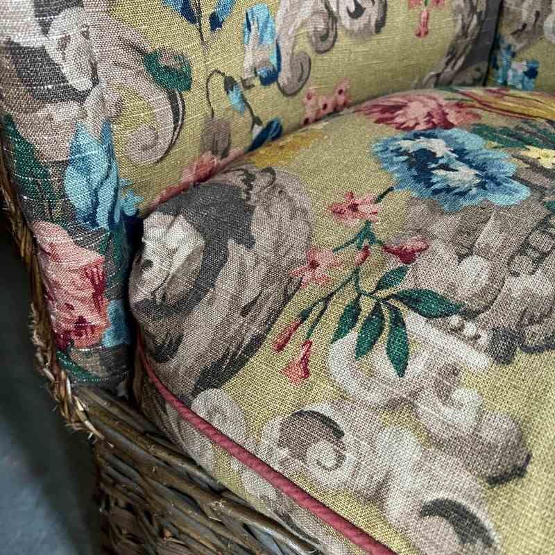 Furniture Vintage Wicker Porters Chair Upholstered In Mulberry Rococo Linen photo