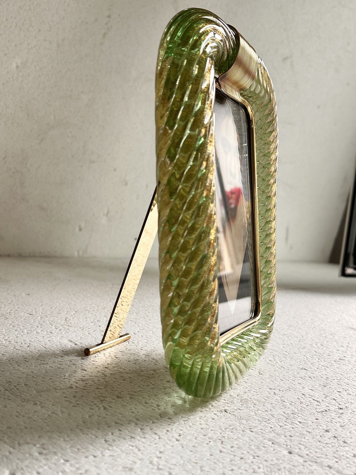 Home Decor Mid Century Modern Style Green "Torchon" Murano Small Glass Picture Frame And Brass In Barovier Style photo