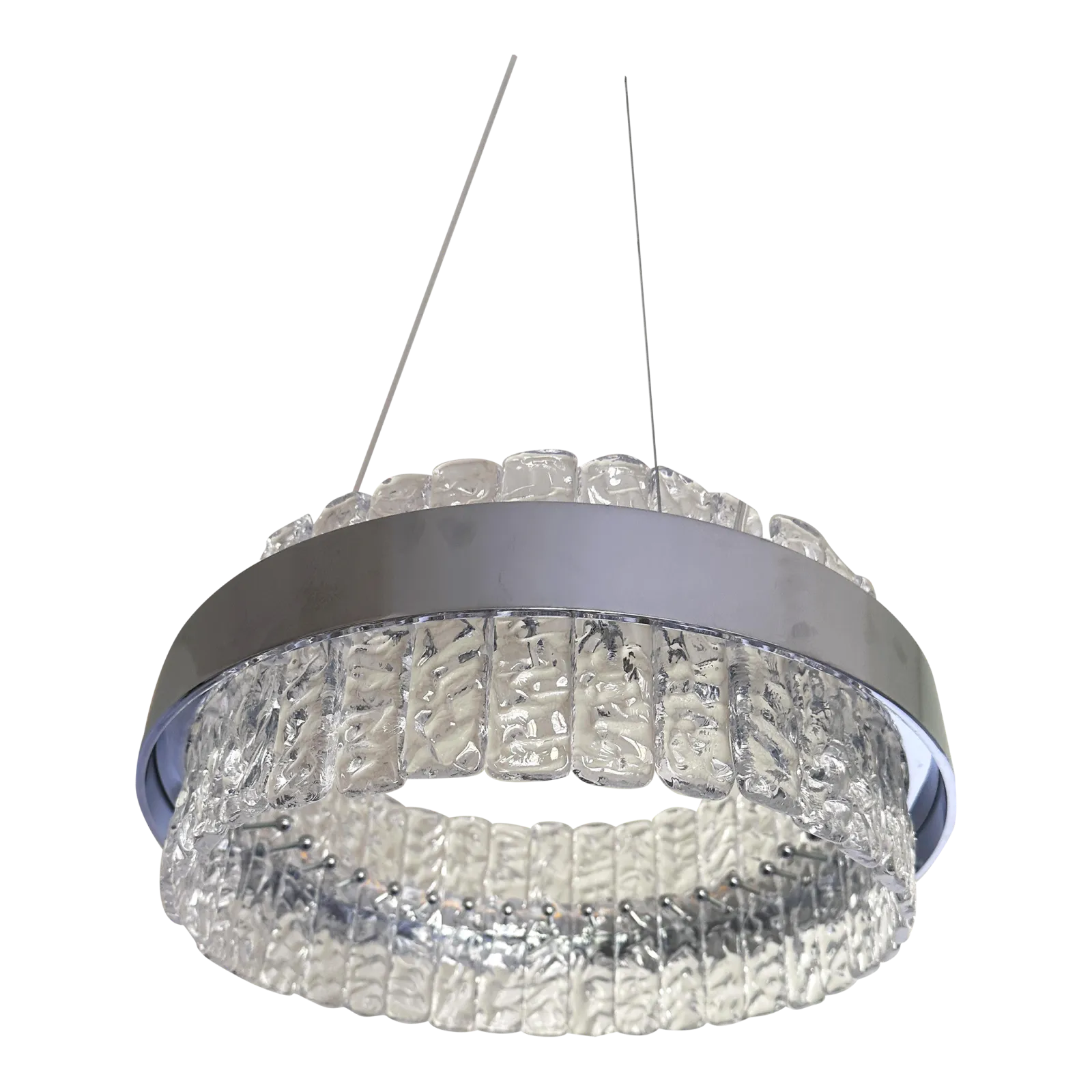 Murano Glass "Ice" Chandelier Hammered Clear Glass In Polish Kromo Ring With Strip Led