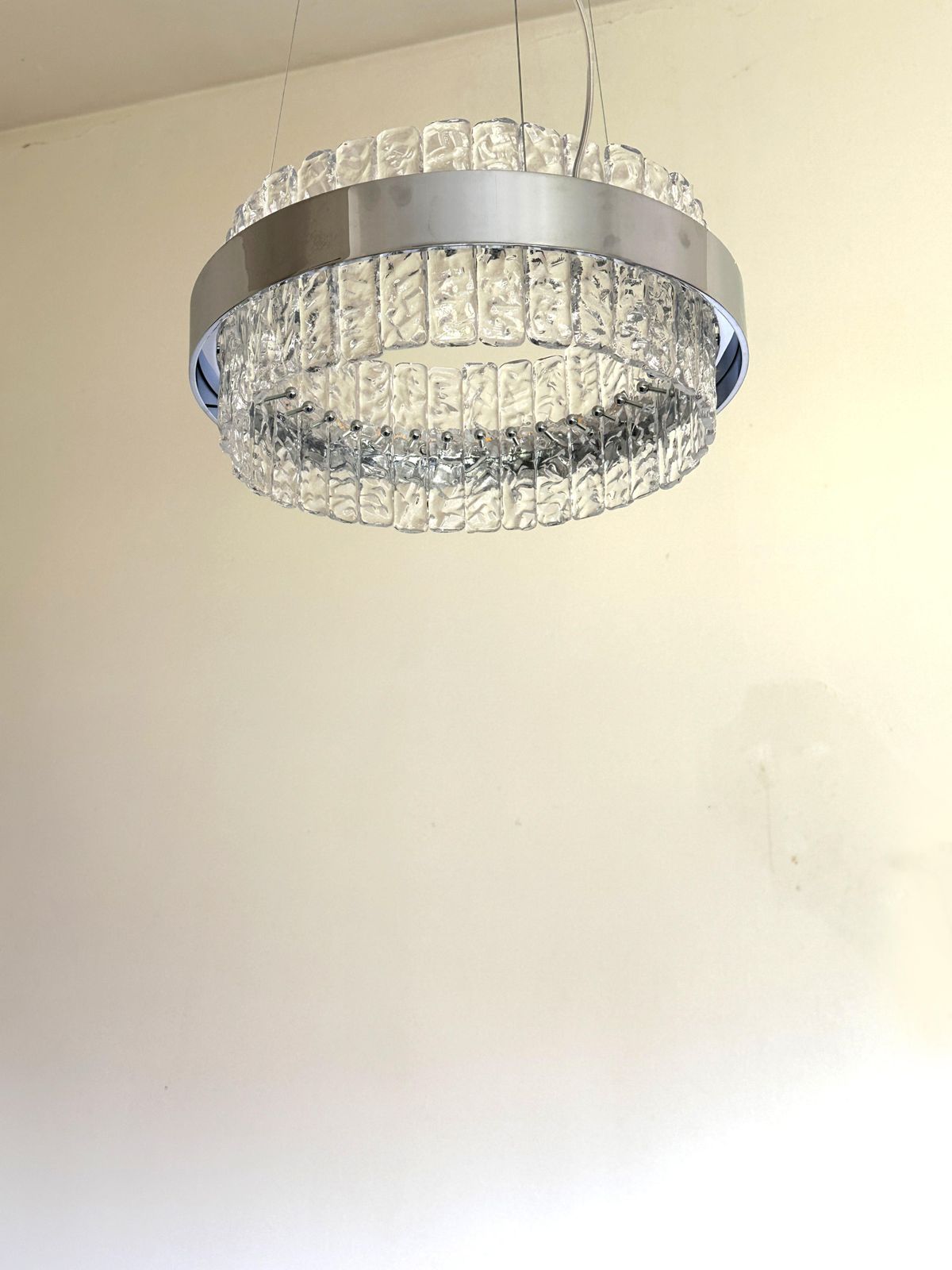 Murano Glass "Ice" Chandelier Hammered Clear Glass In Polish Kromo Ring With Strip Led photo buy