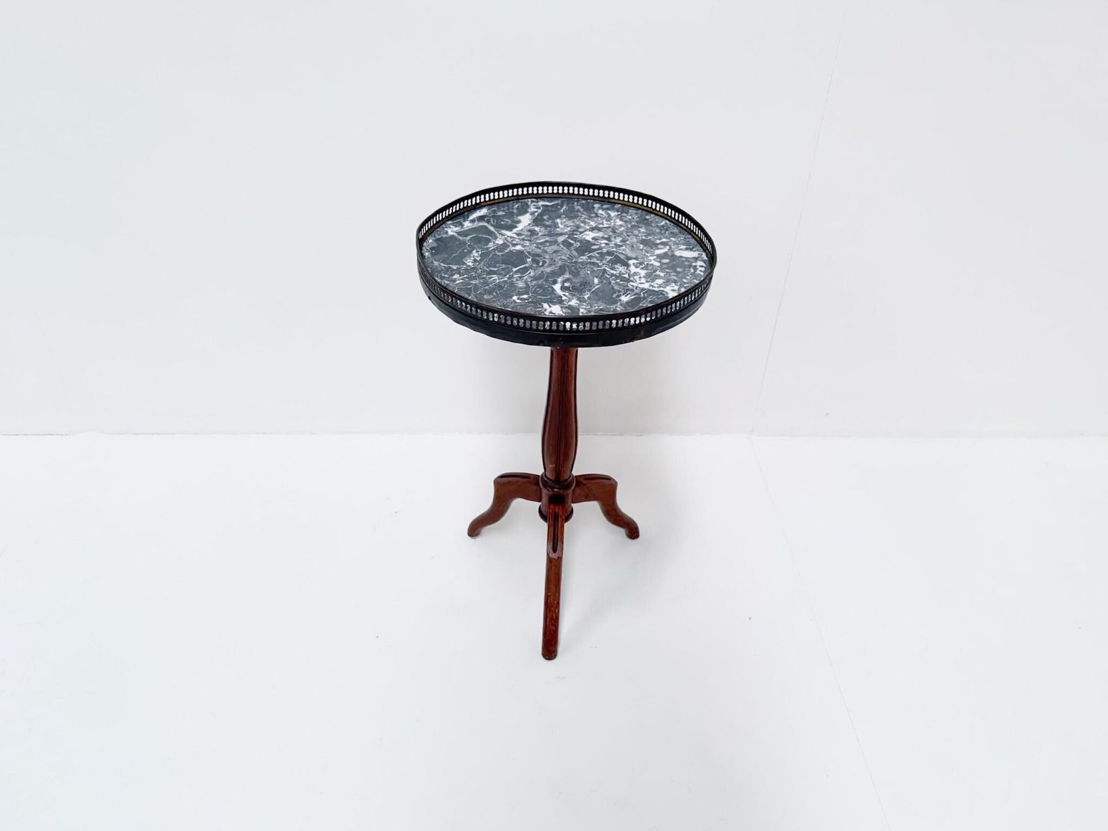 Antique Pedestal Side Table With Marble Top And Brass Gallery, Early 20th Century photo for sale
