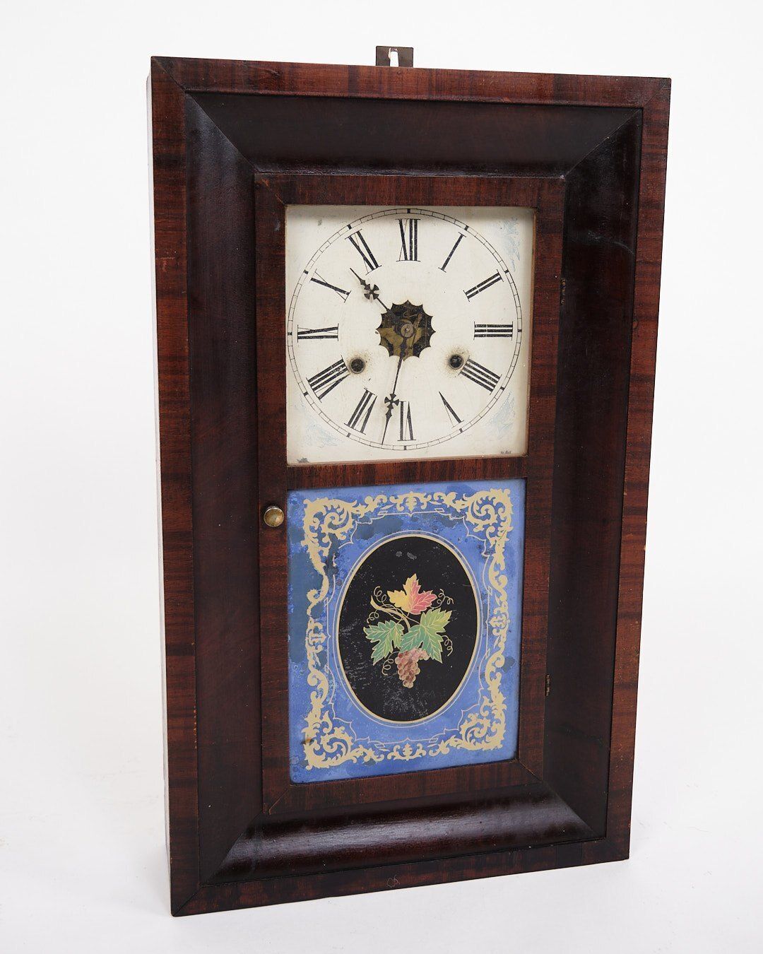 Antique American Clock   Painted Glass Window   Dark Wood   Roman Numeral Dial   19th Century photo for sale