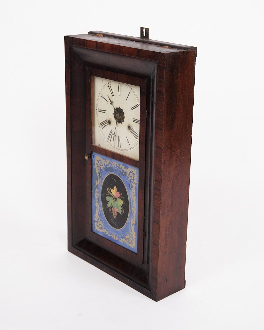 Antique American Clock   Painted Glass Window   Dark Wood   Roman Numeral Dial   19th Century photo vinterior
