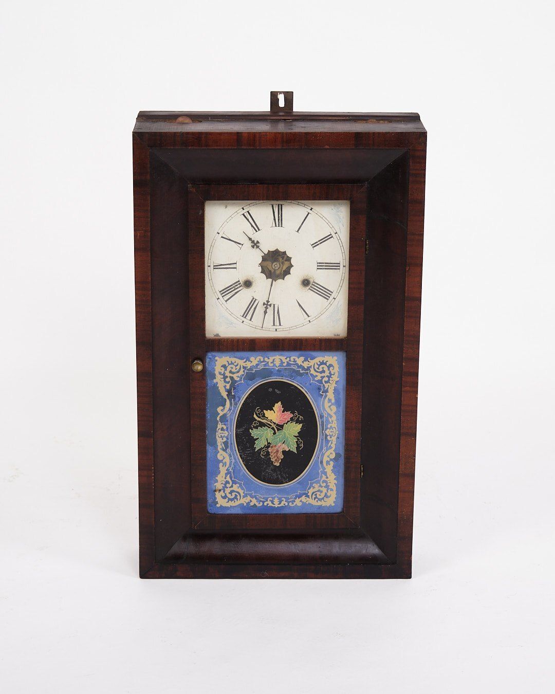 Antique American Clock   Painted Glass Window   Dark Wood   Roman Numeral Dial   19th Century photo buy