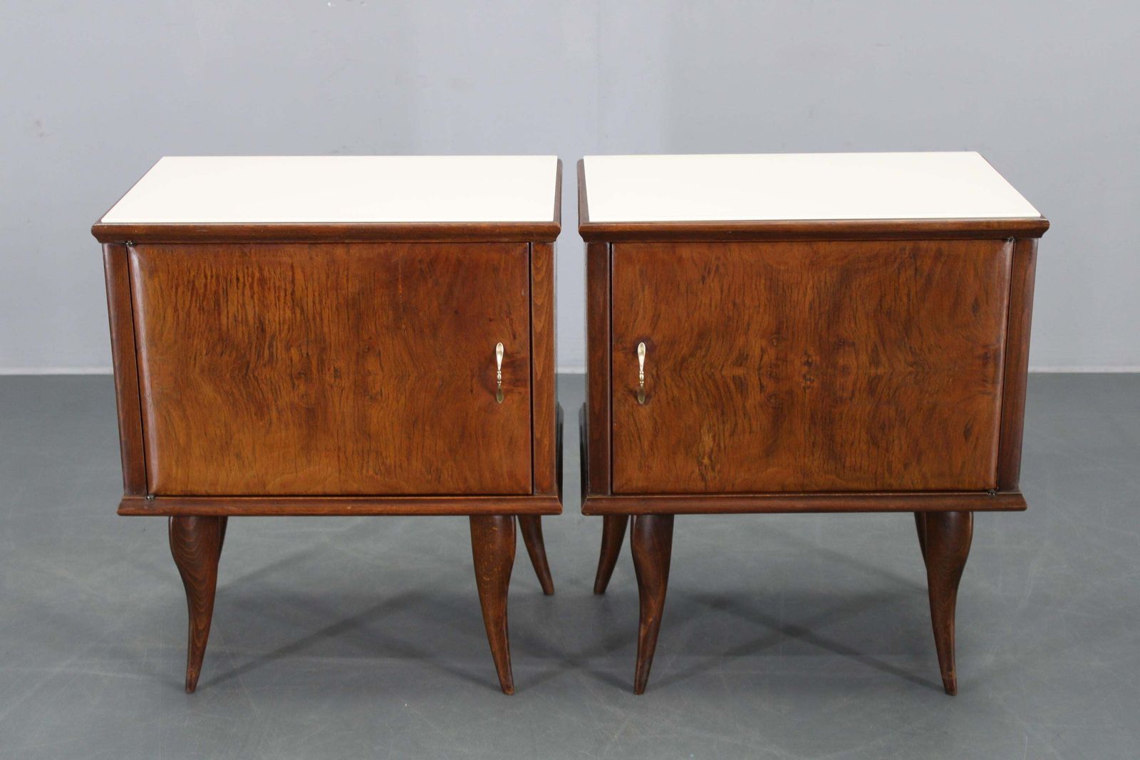 Pair Of Mid Century Italian Walnut Nightstands With Glass Top, 1950s photo furniture