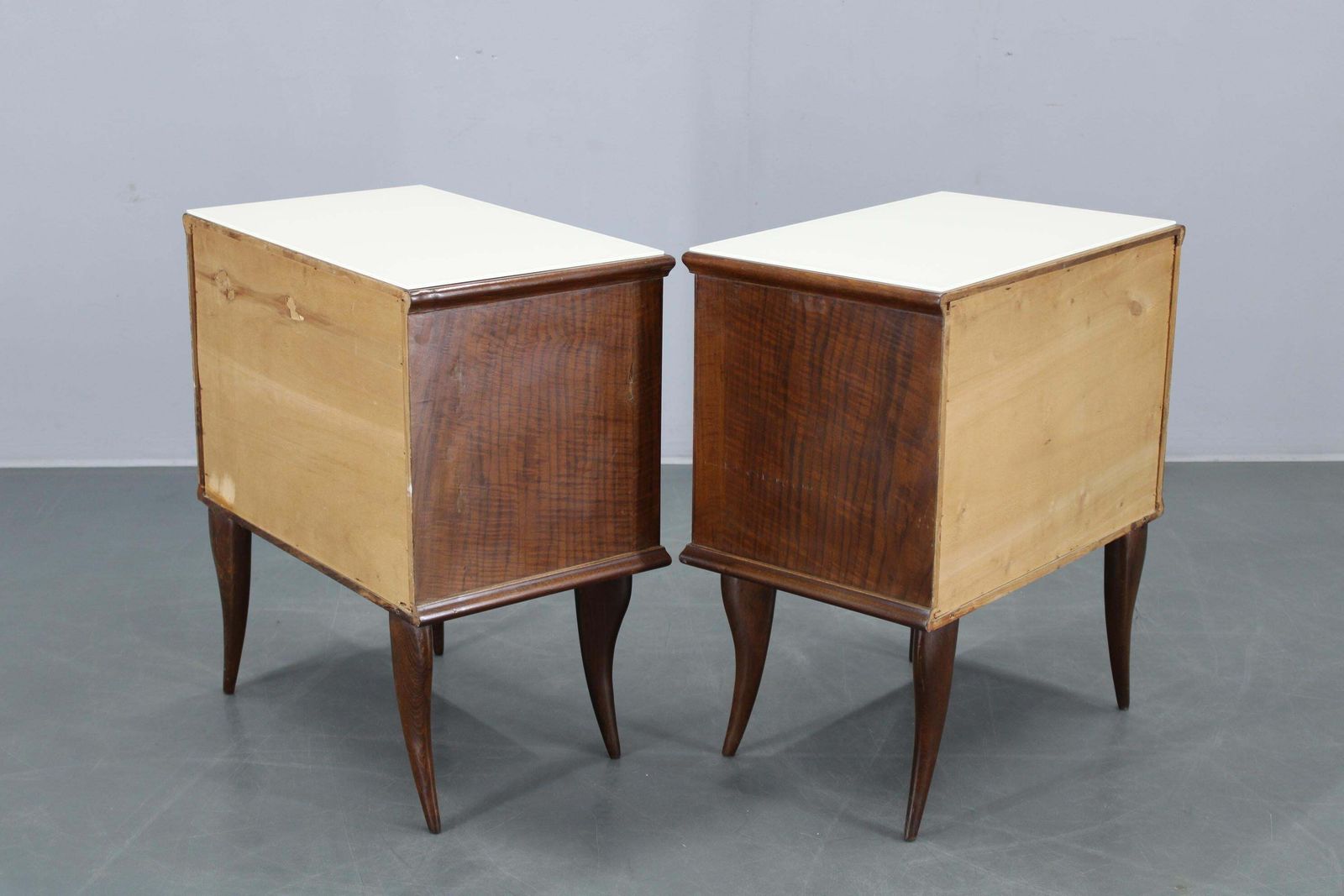 Pair Of Mid Century Italian Walnut Nightstands With Glass Top, 1950s photo buy