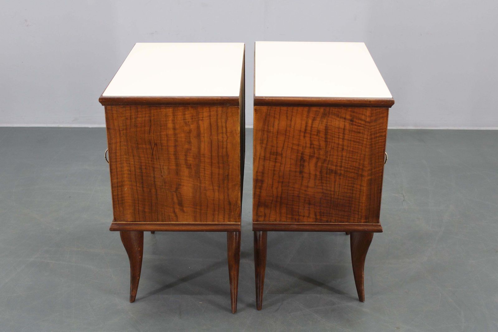 photo for sale Pair Of Mid Century Italian Walnut Nightstands With Glass Top, 1950s