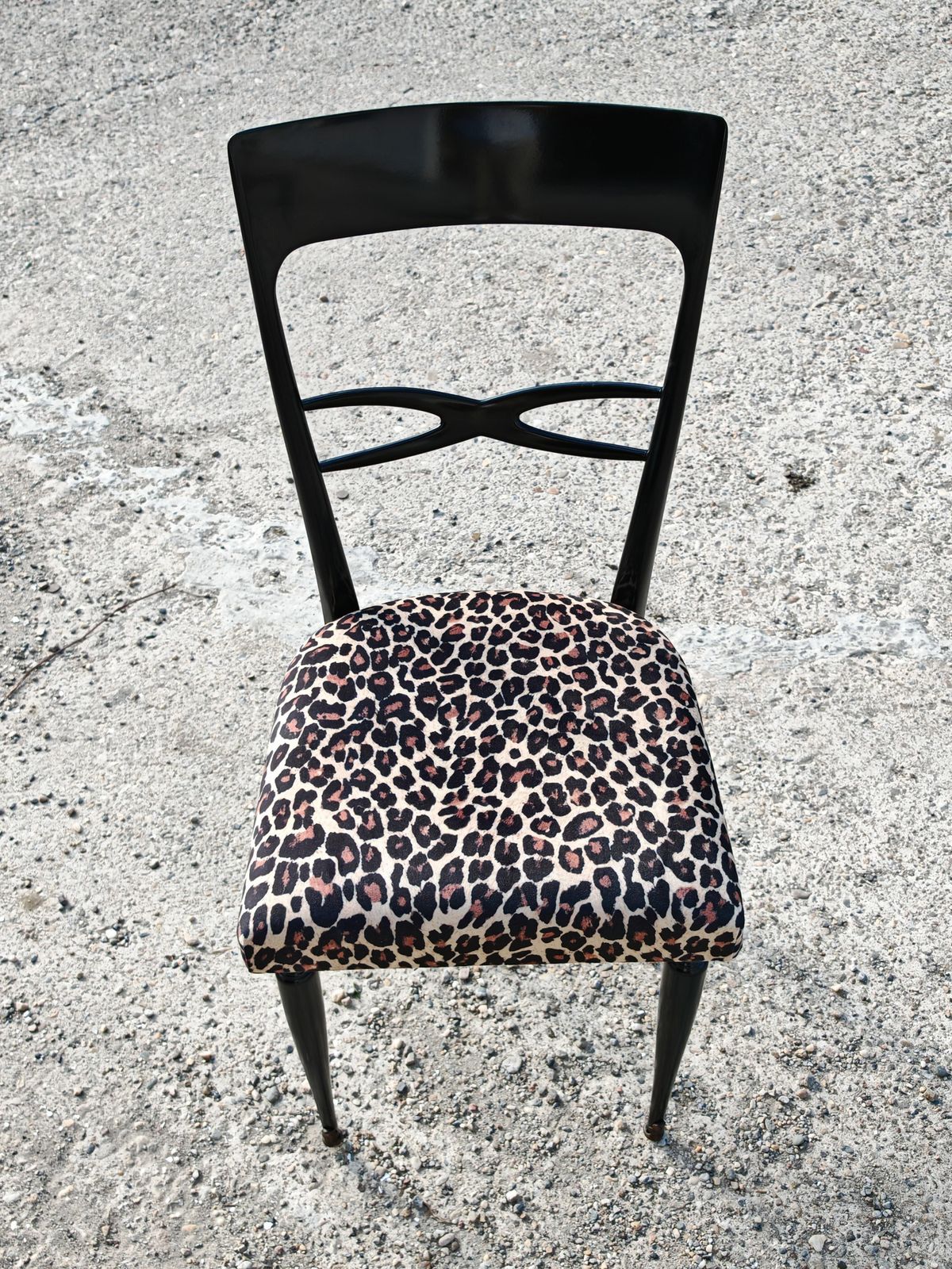 Set Of 6 Mid Century Dining Chairs In Black Lacquer And Leopard Print Plush photo buy