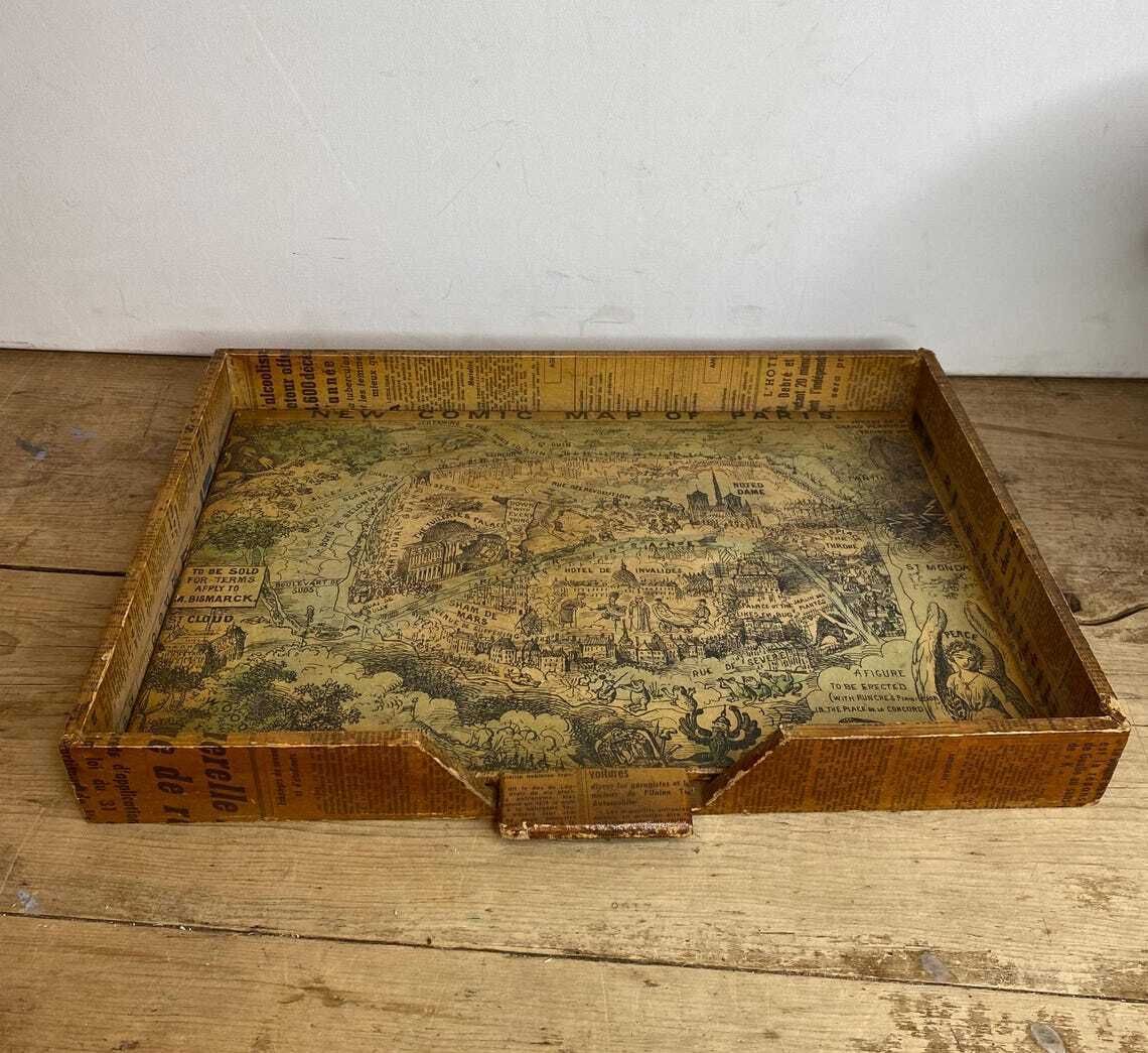 Unique Vintage Satirical Punch French Wooden Decoupage Tray  In Good Condition