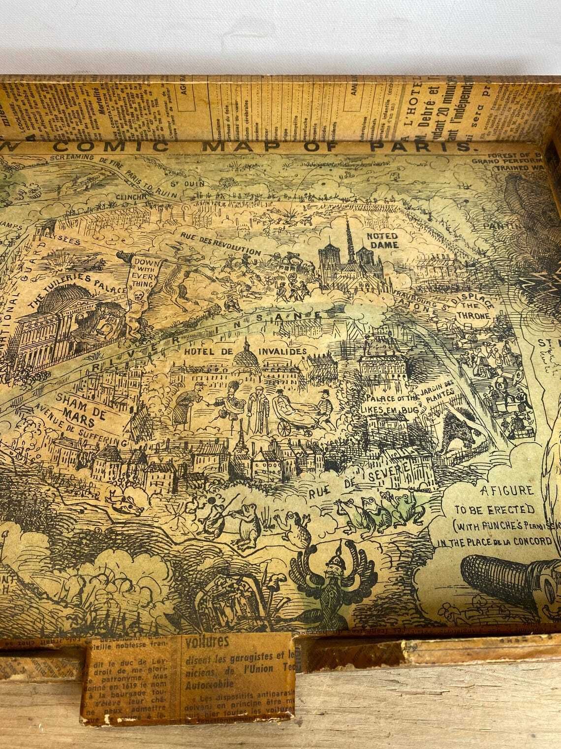 Unique Vintage Satirical Punch French Wooden Decoupage Tray  In Good Condition photo for sale