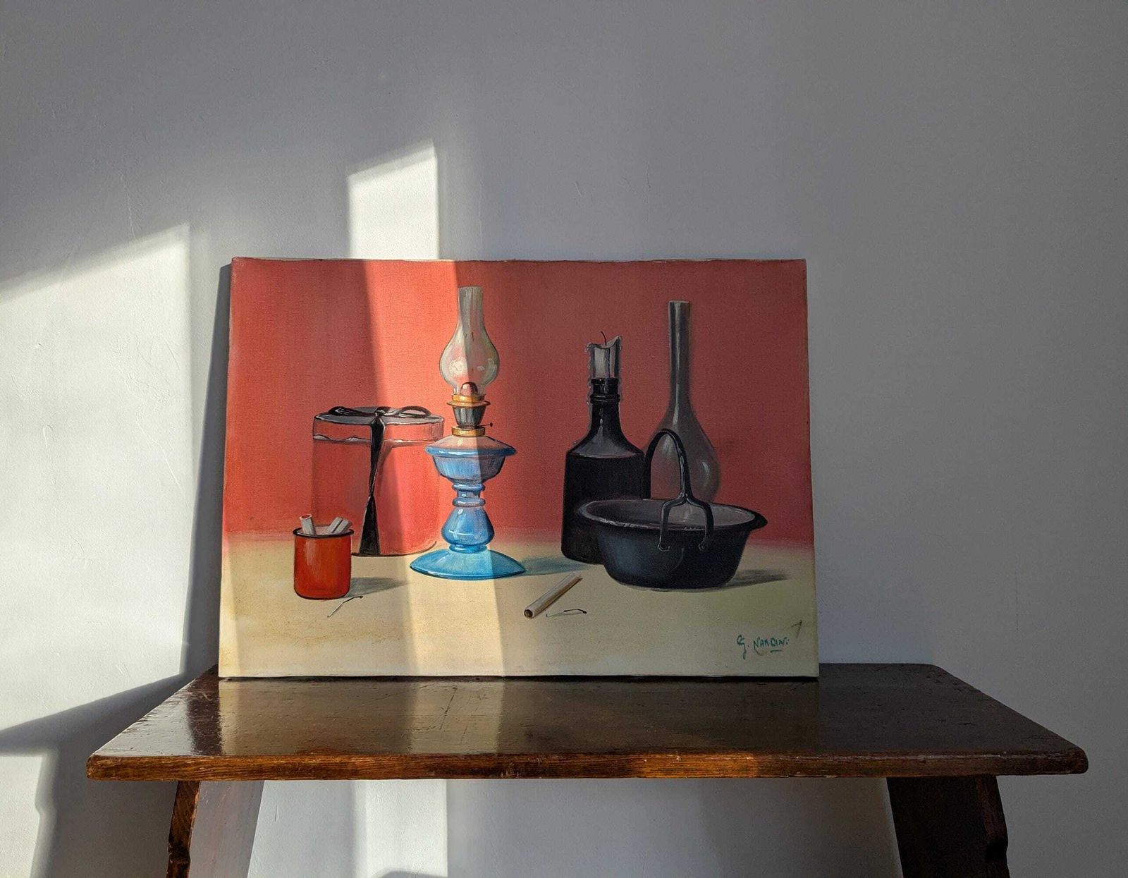 Still Life With Lamp, Oil Painting On Canvas, Italian Painting, Oil Painting Kitchen Scene photo for sale
