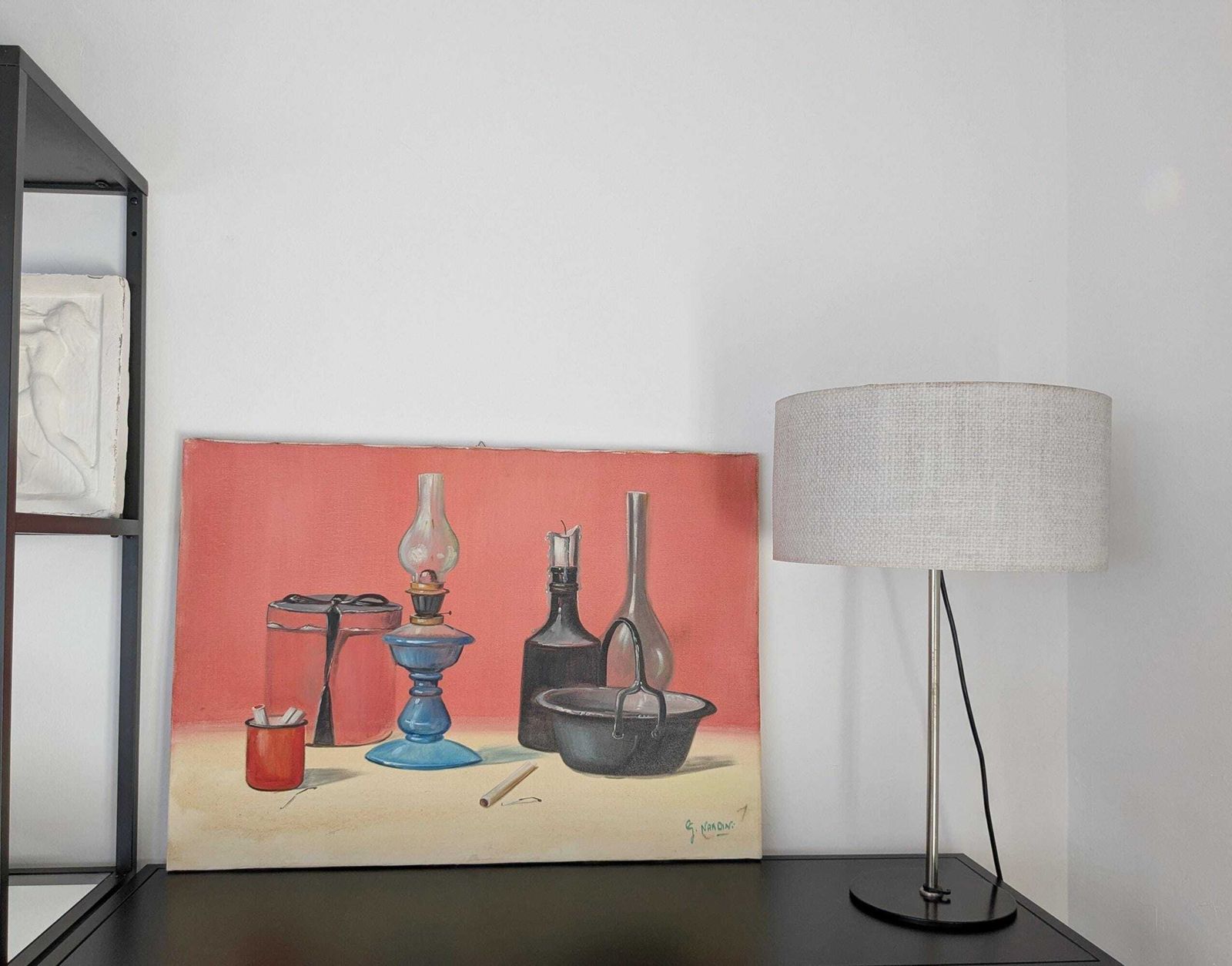 Still Life With Lamp, Oil Painting On Canvas, Italian Painting, Oil Painting Kitchen Scene photo vintage