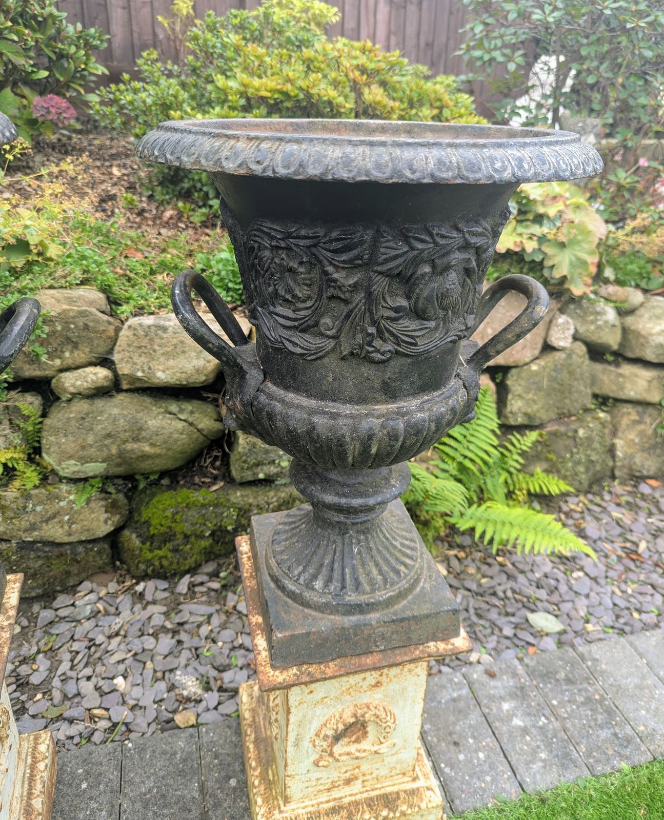 Pair Antique 19th Century Cast Iron Urns Lion Mask Handles  Delivery  Available 0086. photo 1350.0