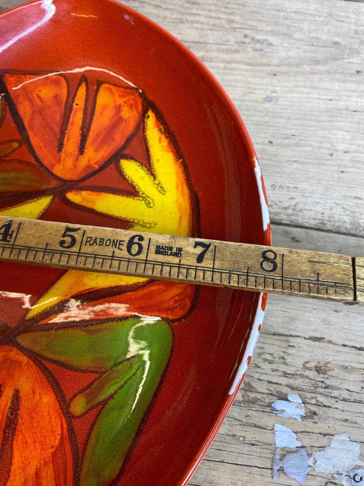 photo for sale Vintage Poole Pottery Delphis Teardrop Shape (91) Dish Signed Ck Red, Orange, Yellow And Green Design In Good Condition