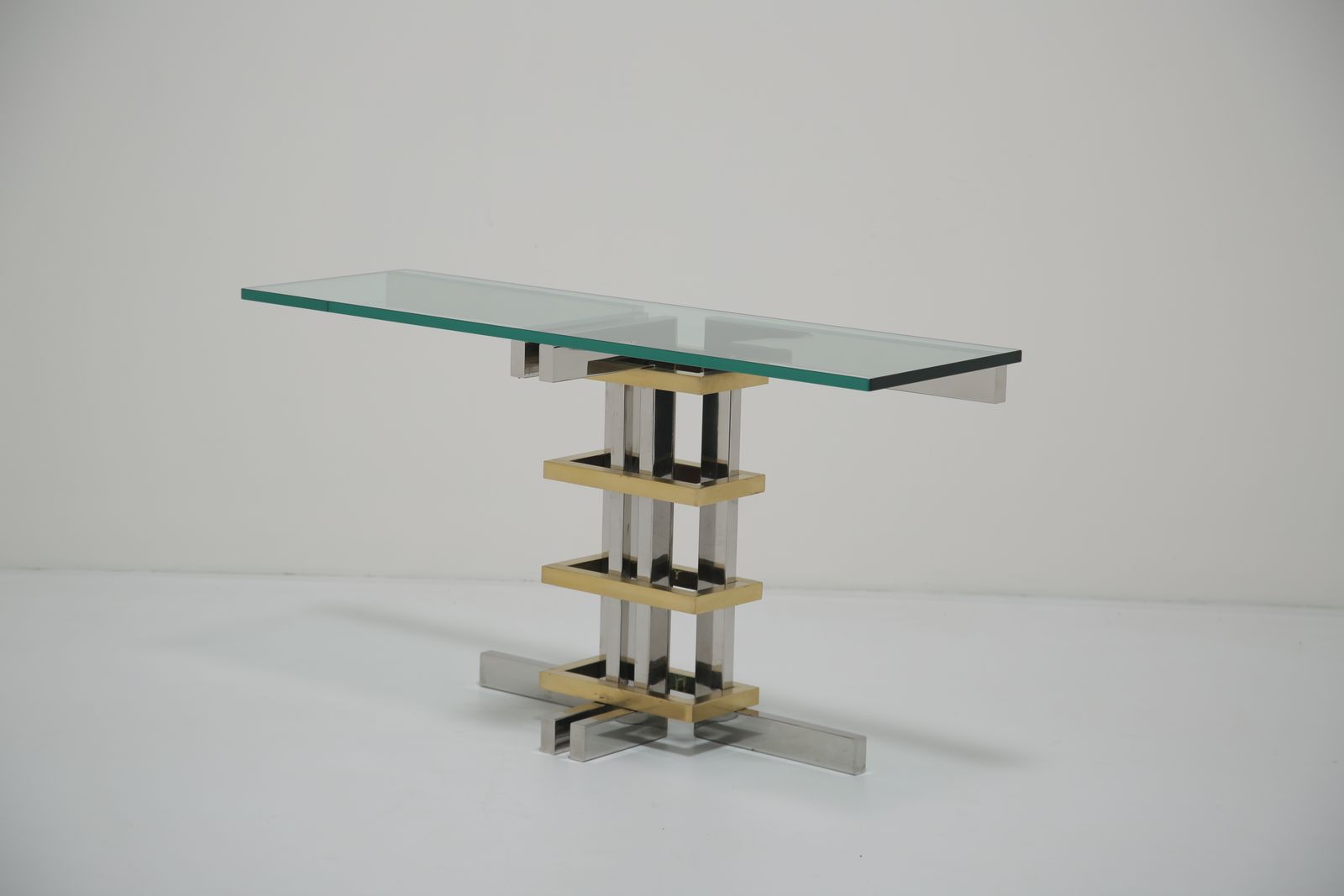 Furniture Modernist Chrome, Brass And Glass Console By Alfredo Freda For Cittone Oggi, Italy, 1970s. photo