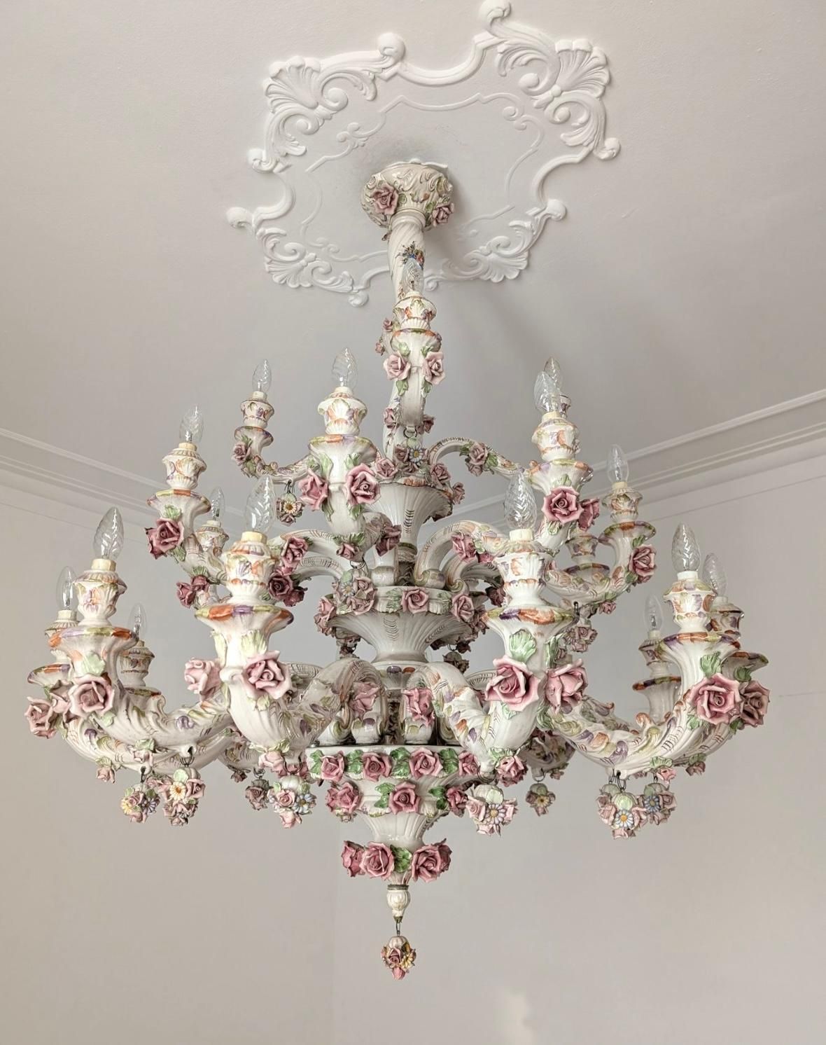 Rare Large 3 Tier Italian Porcelain Chandelier 1950s 24 Lights Capodimonte Style photo furniture