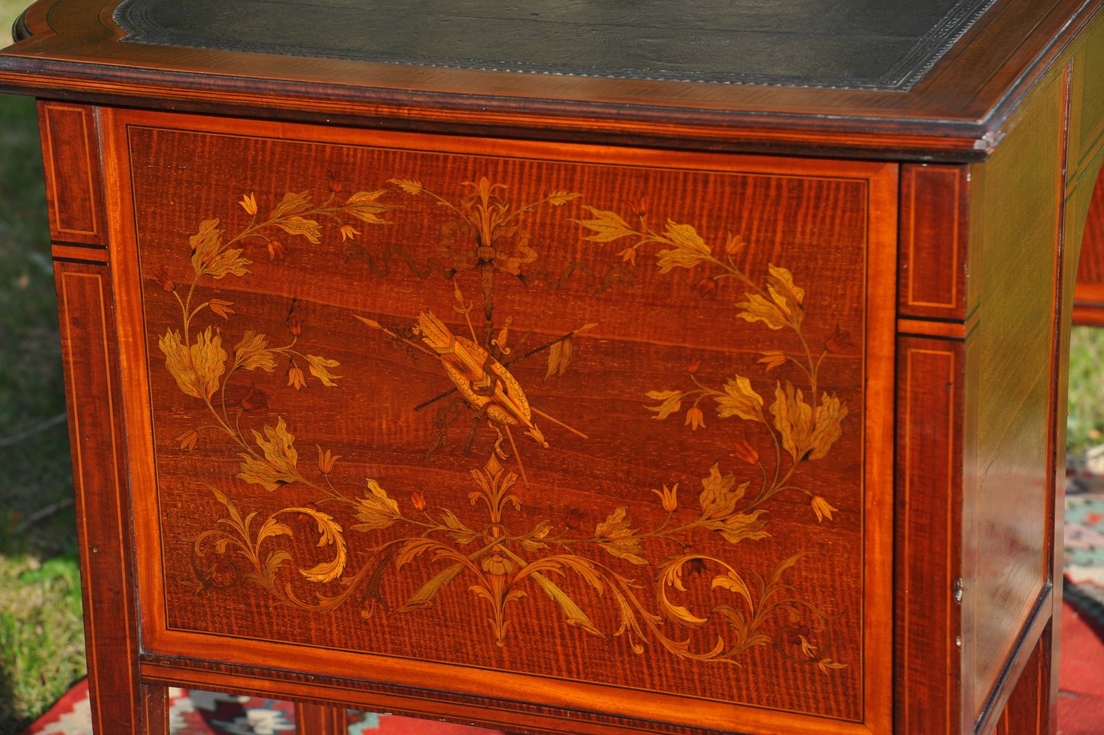 Maple & Co Antique Seven Drawer Twin Pedestal Leather Lined Inlaid Writing Desk photo furniture